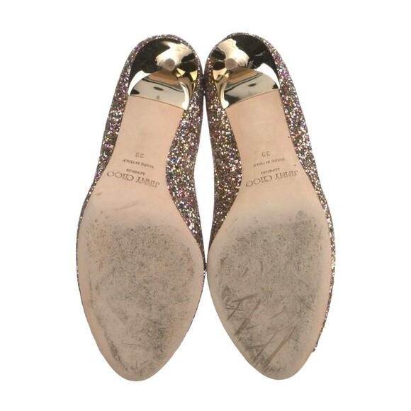 JIMMY CHOO Evelyn Multicolor Glitter Peep Toe Gold Heels Shoes Size 39 US 9 - Picture 9 of 10